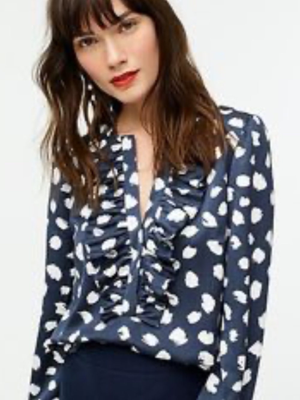 J. Crew Long Sleeved Spotted Ruffle Shirt in navy and white. Size XS